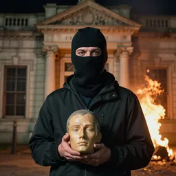 portrait photo still of a man wearing a balaclava holding a human head, in front of an old bank on fire at night, 8 k, 8 5 mm f 1. 8