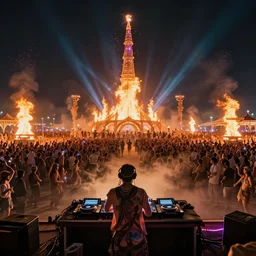 A Dj playing to a vast crowd a burning man, octane render, dramatic concept art, 4k, high detail, volumetric lighting