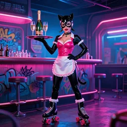an attractive cyberpunk waitress catwoman on rollerblades holding a tray with a champagne bottle and two champagne glasses, scene is a futuristic bar, layout like american graffiti poster, nikon photography, 3 5 mm, at night with pink and blue neon light, hyperdetailed, funny, caricature