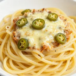 super cheesy spaghetti topped with jalapenos, 4 k closeup