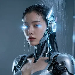portrait photo of female dancer as a cyberpunk mecha humanoid robotic head shoulder parts with straight bright led lights, under a shower, water dripping down face, ultra - realistic and detailed, 8 k