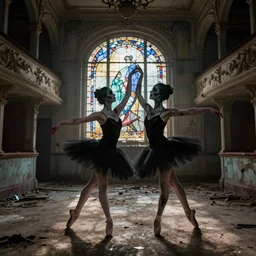 a pair of horror zombie ballerina's in black tutu dancing swanlake in a rundown, moldy and dirty theater. light is coming in via stained windows, henri cartier besson