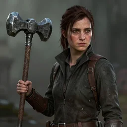 Ellie from the Last of Us, holding a medieval mace, digital portrait by Greg Rutkowski, intricate, sharp focus, cinematic, epic, artstation