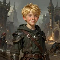 portrait of a young boy wearing plain looking fantasy thief clothing in the slums of a fantasy city, blonde hair, d & d, fantasy, joyful smirk, intricate, elegant, highly detailed, digital painting, artstation, concept art, matte, sharp focus, illustration, art by artgerm and greg rutkowski and alphonse mucha