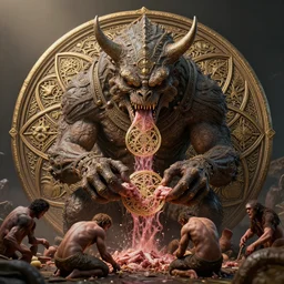 sacred geometry monster eating humans photographed by terry richarson, unreal engine, portrait, f / 2. 8, 1 6 k, perfectionism, halfrear lighting, insanely detailed and intricate, hypermaximalist, hyper realistic, super detailed