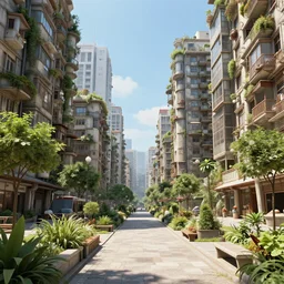 hyperdetailed brutalist city. pedestrian view. plants. sunny day.
