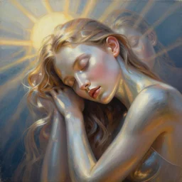 3 d, close - up, sleepy fashion model, liquid metal, morning, sun rays, poster art, hyper detail, intricate oil painting, multiple exposure, 3 d, by stanley kubrick and tooth wu and wlop and beeple and greg rutkowski