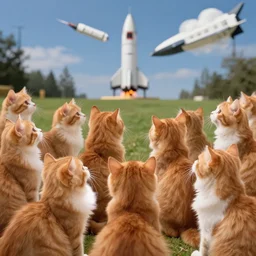1 9 8 0's color photo of crowd of cute ginger cats looking at starting spaceship
