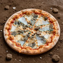 photo of pizza made of dirt, filled with broken glass and stones
