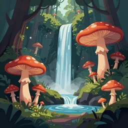 psychedelic mushrooms, enchanted forest, waterfall, clean cel shaded vector art, behance hd by lois van baarle, helen huang