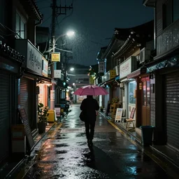 a dimly lit back alley in seoul korea, 3 5 mm highly detailed dslr photograph, low key, muted colors, nighttime, rain soaked street, single person silhouette carrying a pink umbrella, lit by a single streetlight, shops and restaurants