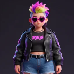 a young chubby goth woman a neon ombre mohawk wearing a leather jacket, heart shaped sunglasses, jeans, and a tshirt. blender art, illustrations, pixiv, by ribosoma _ 4 2, guweiz