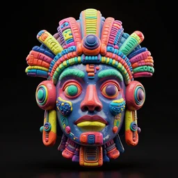 a glossy claymodel of a steampunk aztec futurism robot head, 8 k, symetrical, flourescent colors, halluzinogenic, multicolored, very detailed, black background, 3 d render,
