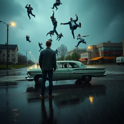 thousand men falling from the sky, thousand men falling from the sky, thousand men falling from the sky, a man standing next to an old car in the rain, camera from behind, trending in artsation, stefan koidl