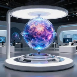 futuristic prototype of entire living universe being simulated by ai, product display ces, photograph 2 0 0 8