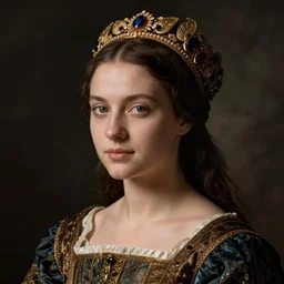 portrait of young woman in renaissance dress and renaissance headdress, art by sebastiao salgado