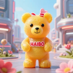 portrait of haribo bear in future city, color and shape focus, central composition, natural light, bloom, puf