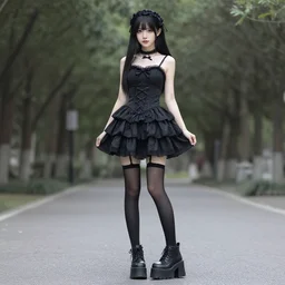 full body photo of cute skinny goth woman
