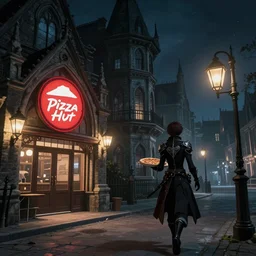 A photo of a gothic Pizza Hut in a victorian city, a Bloodborne character is walking away with a pizza, night, lit by lamplight