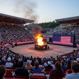 Large amphitheater full of people watching a dumpster with a fire inside of it on the stage. Red white and blue themed.