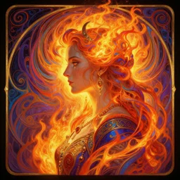 side profile centered painted portrait, Elder goddess of fire, D&D, Gloomhaven, matte painting concept art, art nouveau, beautifully backlit, swirly vibrant color lines, fantastically gaudy, aesthetic octane render, 8K HD Resolution, by ilya kuvshinov and Cushart Krentz and Gilleard James