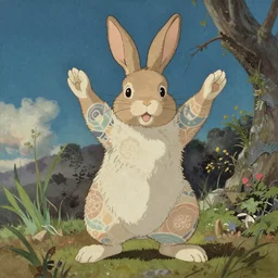 a bunny rabbit standing up, by studio ghibli painting, by Joaquin Sorolla rhads Leyendecker, An aesthetically pleasing, dynamic, energetic, lively, well-designed digital art of a bunny rabbit standing up, overlaid with aizome patterns, by Ohara Koson and Thomas Kinkade, traditional Japanese colors, superior quality, masterpiece