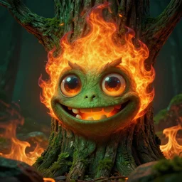 detailed fire and rock scene, a close up of a funny tree monster fire spirit with detailed smiling face, large glass eyes and flame hair by maurice sendak, shaun tan made in hyperrealistic 3 d, octane render, dark green colours, sharp focus, 8 k, nighttime, concept art, artstation