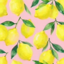 ' floreal composition funky wallpaper, big yellow lemons and green leaves, pink background, acrylic paint