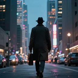 a cityscape with towering buildings and neon lights. in the foreground, a figure is walking away from the viewer, their back turned. they are wearing a long coat and a fedora, and their face is hidden in shadow. in their hand they carry a briefcase, and trailing behind them is a long cable that plugs into the back of their neck
