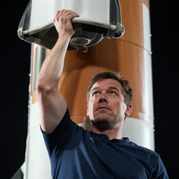 acrophobic view close - up shot, a man hanging with one hand on the top of a nasa rocket