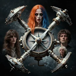movie still of space compass, a 4 headed space station, one head with long orange - blue parted hair by alberto bontempi, shigeru komatsuzaki, enric torres, hyper realism, cinematical, narrative light, muted colors, epic, hyper detailed, awe inspiring, award winning horror, narrative lighting, hyper realism, cinematical