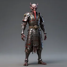 orient ， full - body statue ， character design ， full body portrait ， armour ， weird, devilish, sinister, emaciated, red with long tongue, smile, octane rendering ， super detailed ， photo realism ， hd artwork by akihiko yoshida