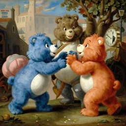stuffed care bears fighting in the streets of care alot, high level of detail in the style of giovanni battista tiepolo