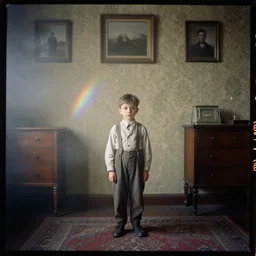 kodak portra 4 0 0, wetplate, narrow shot, award - winning colour portrait by eugene atget of a 1 9 2 0 s room, picture frames, dust, rainbow smoke, 1 9 2 0 s furniture, wallpaper, carpet, muted colours, handsome 6 yo boy in 1 9 2 0 s cloth, fog