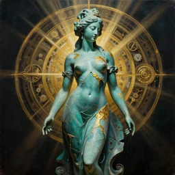 romantistic portrait, painting, teal chinese abstract statue shattered standing in god rays, beautiful female body and golden glue dripping acrylic portrait, mechanical superstructure, sacred geometry, supermodel body, beautiful light, statue of carving marble, intricate 8 k render, dark mood, cinematic light, golden spirals, clockwork