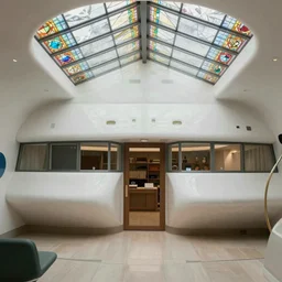 interior of a psychedelic solarpunk Frank Lloyd Wright house with a stained glass roof and persian rugs in the redwoods on a sunny day, award winning hd 8k photo