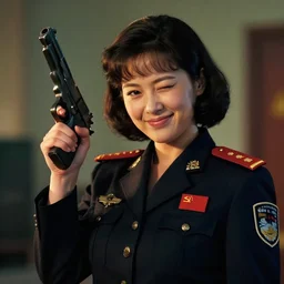 volumetric lighting of communist female leader with a pistol. she smirks with a wink at you by finlay, virgil