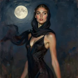 detailed portrait in daring femininity, ethnic, clear eyes, statuesque, gazelle - like, confident realistic face, radiant skin, dark gown and scarf, svelte fashion design, bathed in moonlight, gestural, impressionism, sense of motion, natural color scheme, contrasting highlights, contemporary, deep rich hues, illustration