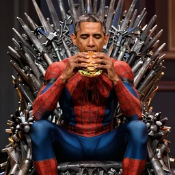 barrack obama as spiderman, sitting on the iron throne, eating a burger, anatomically correct