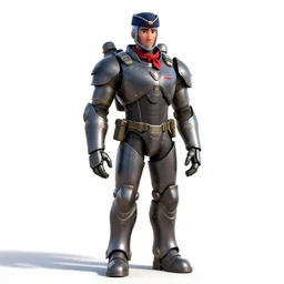 armored flight attendant, stylized pixar-style 3d render, full body, standing, isolated on a pure white background, centered, whole figure in frame, sharp focus, studio lighting