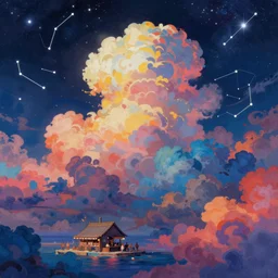 clouds, sky, constellations, night, stars, sea, tavern, people, many colors, colorful, all colors, highly saturated colors, greg rutkowski, fantasy, detailed illustration, hd, 4k, digital art, overdetailed art, concept art, trending on artstation