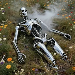 destroyed terminator lying in a field of flowers, twisted metal, chrome, reflections, earth, terrible, anthropomorphic, photorealism, smoke, metal, 8 k, surreal, wires, smooth, sharp focus, top view, extremely detailed, ultra - realism, elegant, establishing shot, epic, by jeff koons, artgerm and greg rutkowski