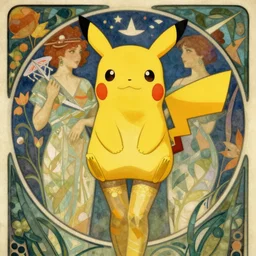 elegant woman dressed up as pikachu, wearing stockings, photo by Alphonse Mucha,