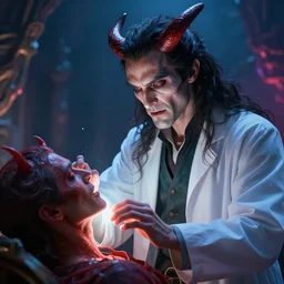 a mad doctor of hell treating patient of hell, clear face, focus, magical world, by greg rutkowski, sung choi, photo realistic, 8 k, cinematic lighting, hd, atmospheric, hyperdetailed, trending on artstation, devainart, digital painting, glow effect