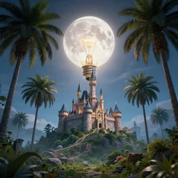 a castle in the sky under a giant light bulb on a magical hill with by giant palm trees, giant moon glowing in the sky, cinematic, digital art by erik johansson, 8 k resolution, hyper detailed, sharp focus