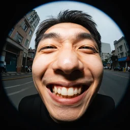Fisheye lens 1 inch from a man's face as he smiles widely