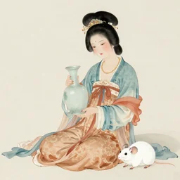 - 1 a beautiful woman in the tang dynasty holding a vase and sitting on a white mouse, highly detailed, chinese ink painting, smooth, sharp focus uhd 8 k