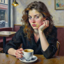 a close - up of a woman sitting at a coffee shop, intricate, highly detailed, 8 k. palette knife oil painting on canvas by leonid afremov.