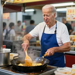 a photo of joe biden working as a hawker, frying food on a wok, in a singapore hawker center, press photography