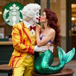 ronald mcdonald and starbucks mermaid romantic couple kissing ultra high detail hd photo real posing